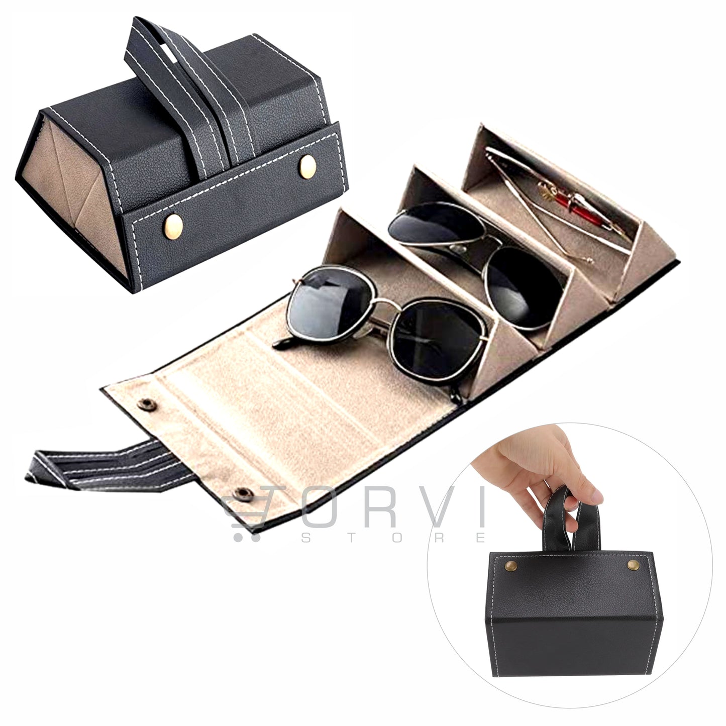 Estuche Organizador Gafas Sol Rígido Portátil Plegable Viaje 3 Compartimientos